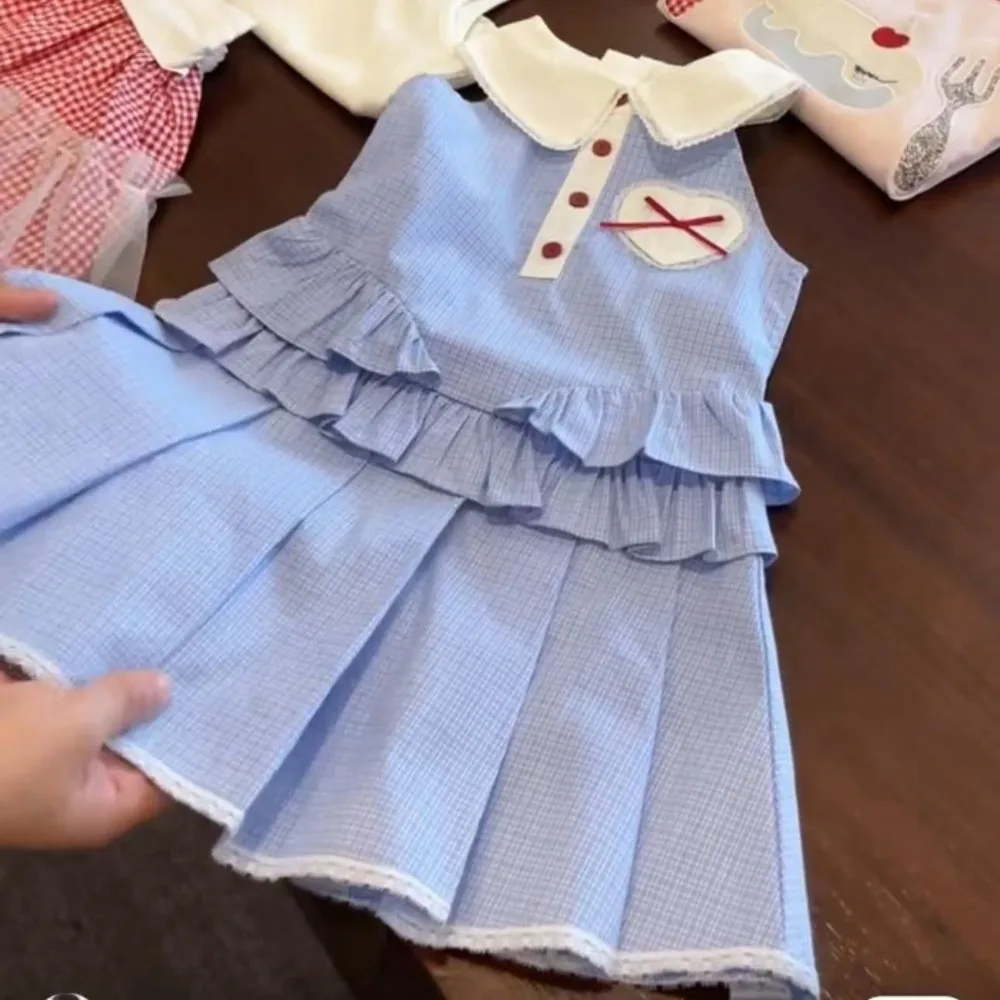 

2-7-years-old Blue Girls Clothes Love Bow Flip Collar Sleeveless Princess Dress Summer Fashionable Splicing Children's Clothing