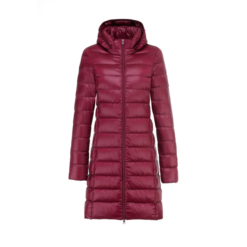 Ultraleichte Daunenjacke für Damen, langer Stil, weiße Ente, weiblich, schmale Passform, abnehmbare Kapuze, tragbar, schmale Passform, Oberbekleidung DJ01