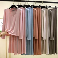 M to 6XL Modal Long sleeve U-Neck Tshirt and Wide leg pants Plus size Women Loose Pajamas set solid color Thin Homewear clothing