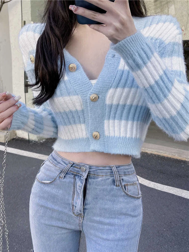 

Милый кардиган женский с v-образным вырезом в полоску, укороченный сексуальный универсальный повседневный модный корейский модный элегантный нежный тонкий топ Ulzzang