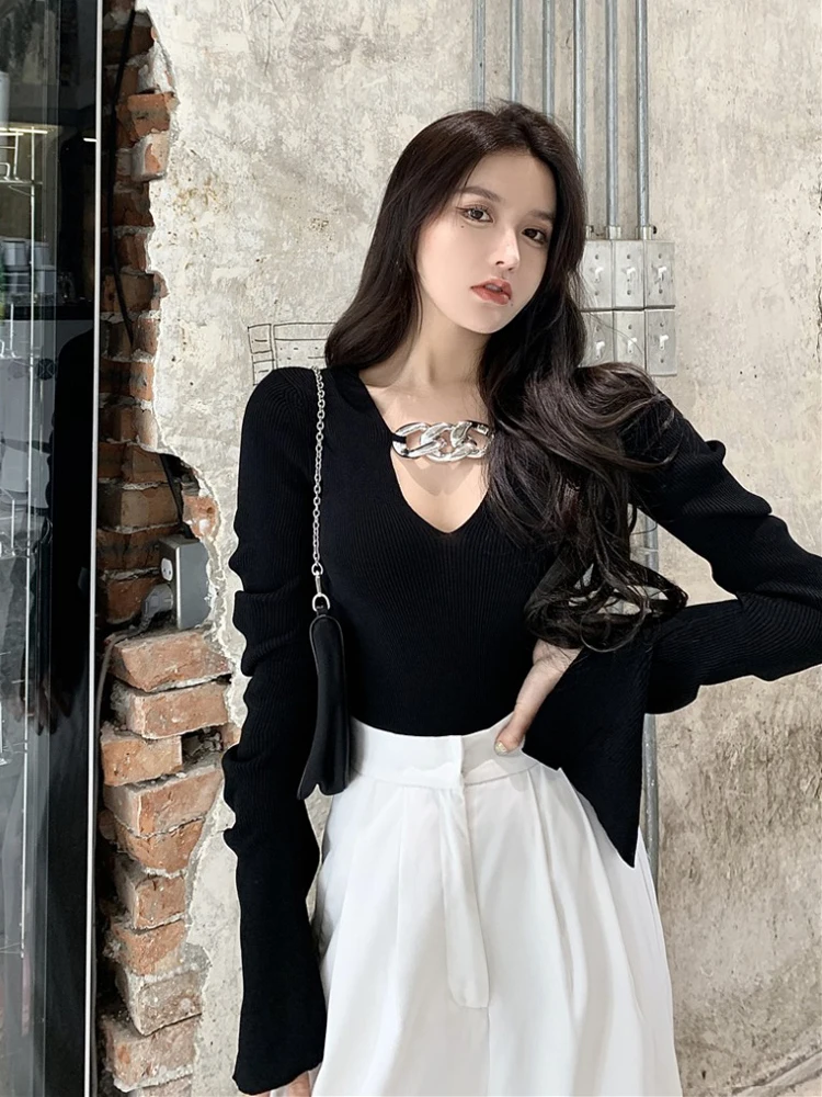 

Spring 2026 Sexy Bla Hollow out Long Sve Knitted Base Layer Top for Women Casual Sle Soft Fabric V-Ne Zipper Closure