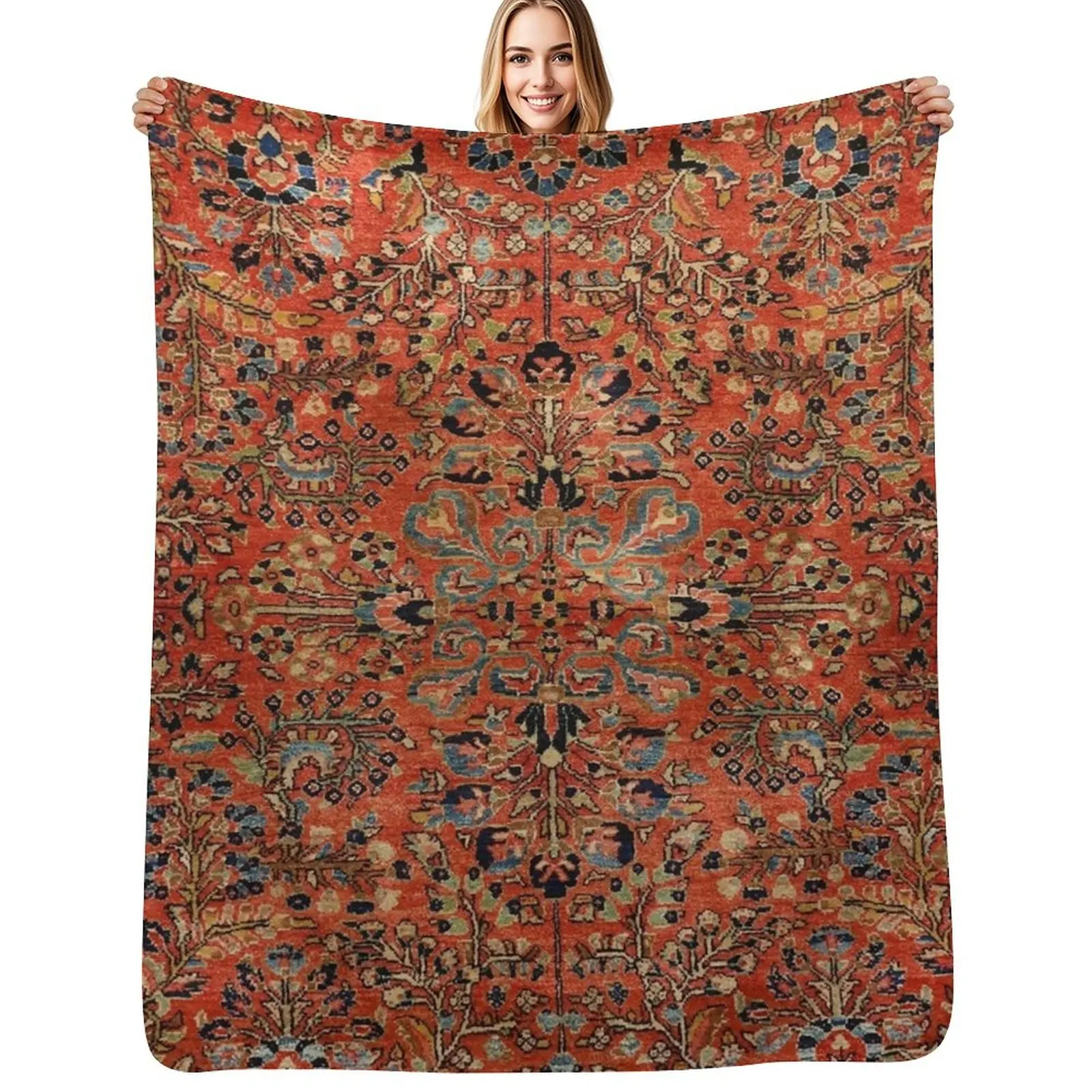 Persia Sarouk 19th Century Authentic Colorful Picture of a Red and Yellow Leaf Rug Throw Blanket Large Blankets