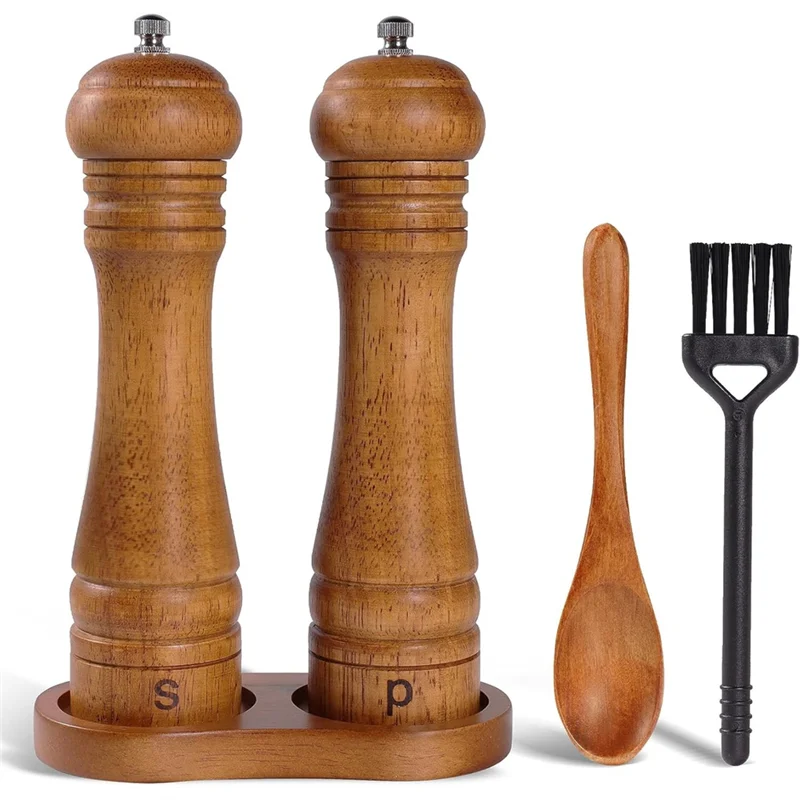 

BAAR-Salt And Mill Pepper Grinder Set-Wooden 8-Inch Oak Wood With Stand-Adjustable Core Grinder