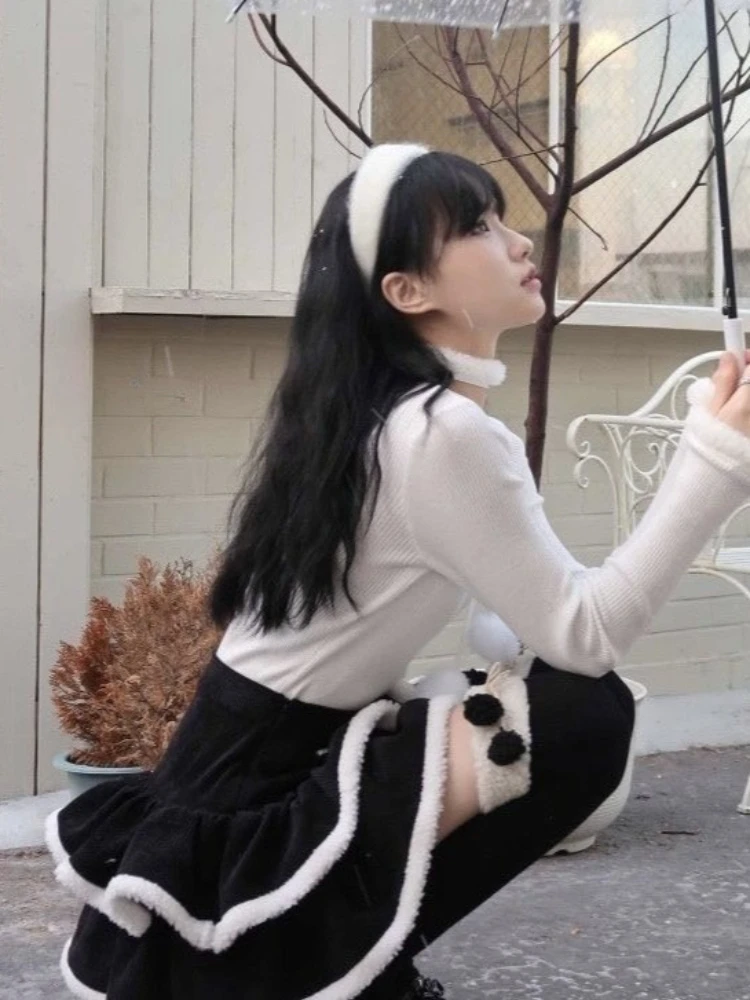 جديد الشتاء Y2k اليابانية لوليتا التنانير النساء خمر تصميم أسود أبيض عالية الخصر التنانير الصغيرة Harajuku شيك ضمادة التنانير الحفلات #3