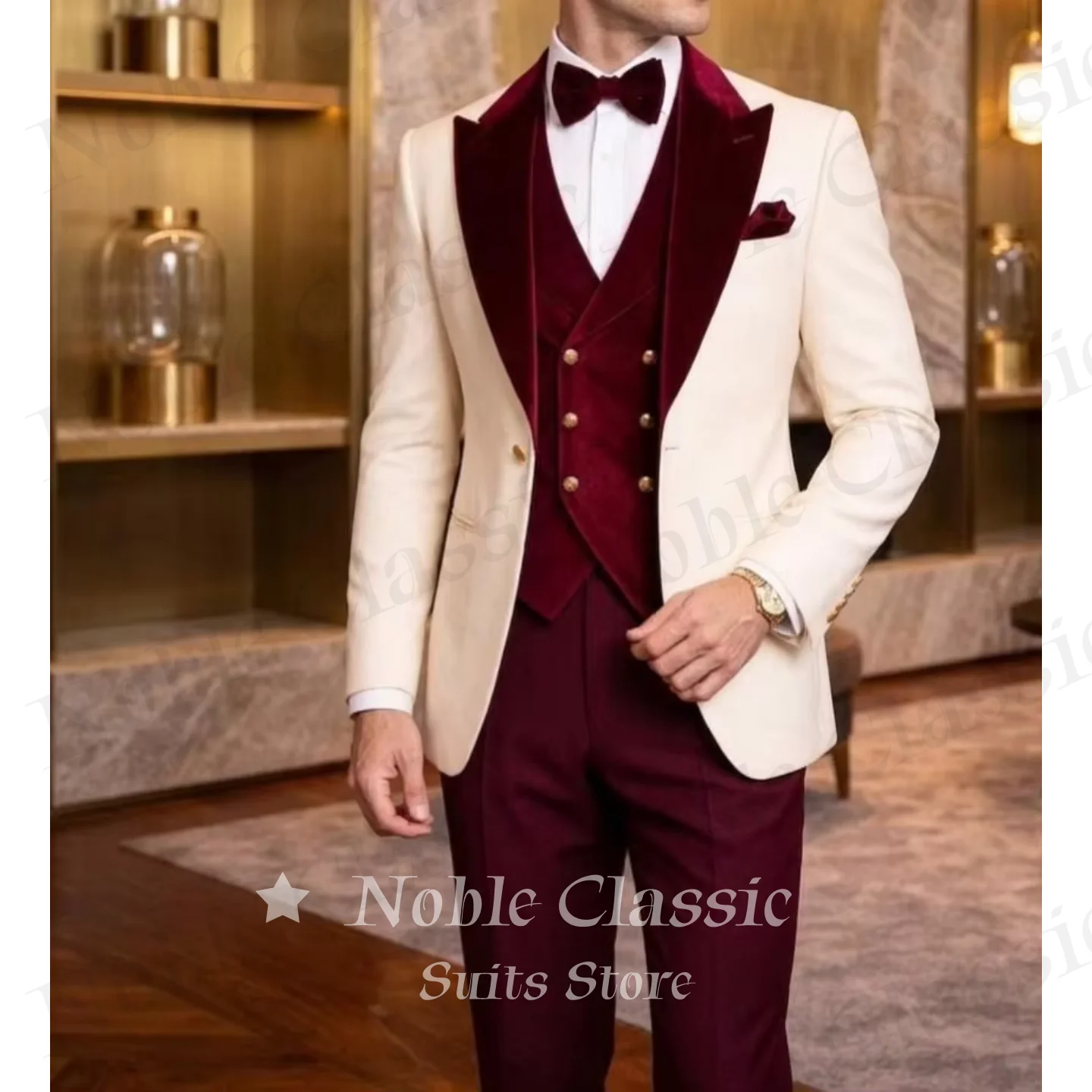 Mens Ivory Velvet Lapel 3 Piece Formal Suit Burgundy Waistcoat Trousers Set Elegant Wedding Groom Evening Banquet Customized