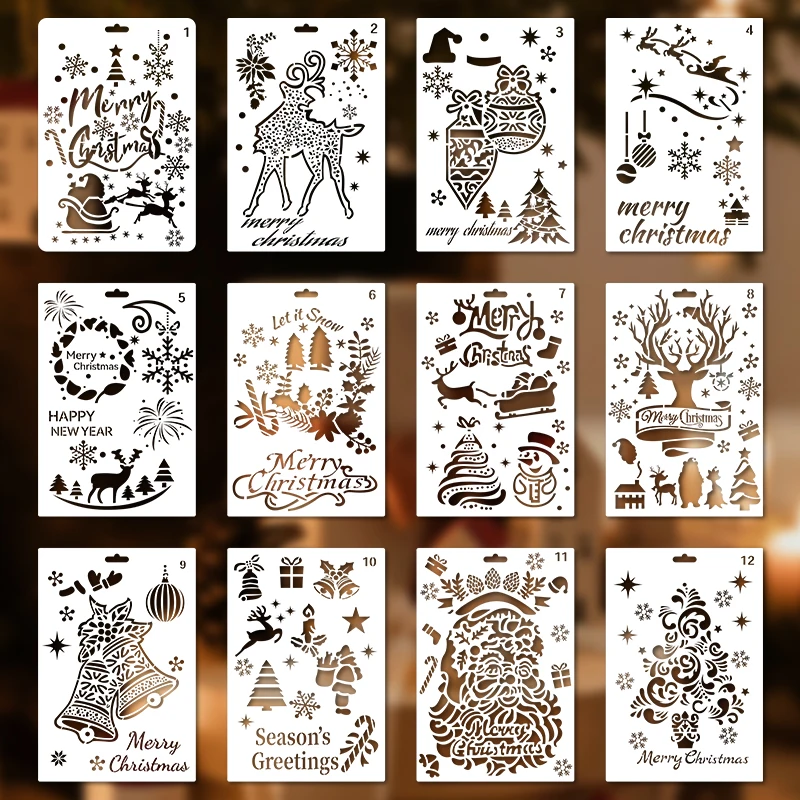 YOMDID 12 قطعة قوالب تزيين رسم عيد الميلاد DIY أنماط متعددة رذاذ اللوحة استنسل الديكور صنع الملحقات