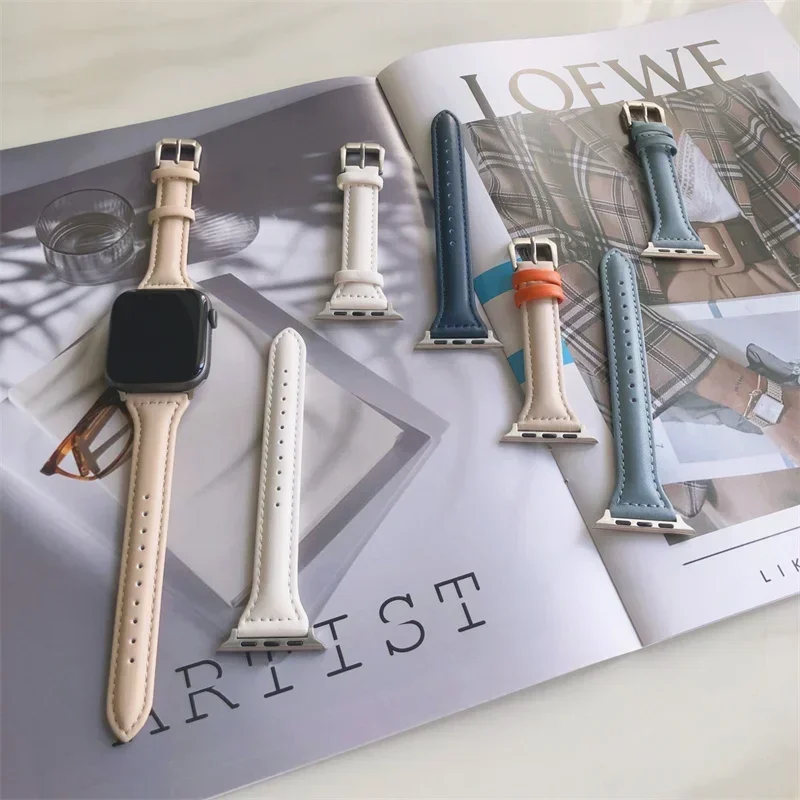 Slim band for Apple Watch ultra 2 49mm series 9 7 8 41mm/45mm 40mm/44mm 38mm/42mm leather bracelet for iWatch SE 6 5 4 3 strap
