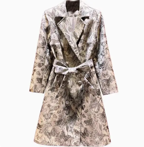 

Europe and the United States women's 2024 winter new Long sleeve suit collar butterfly print fashion Belt trench coat XXL