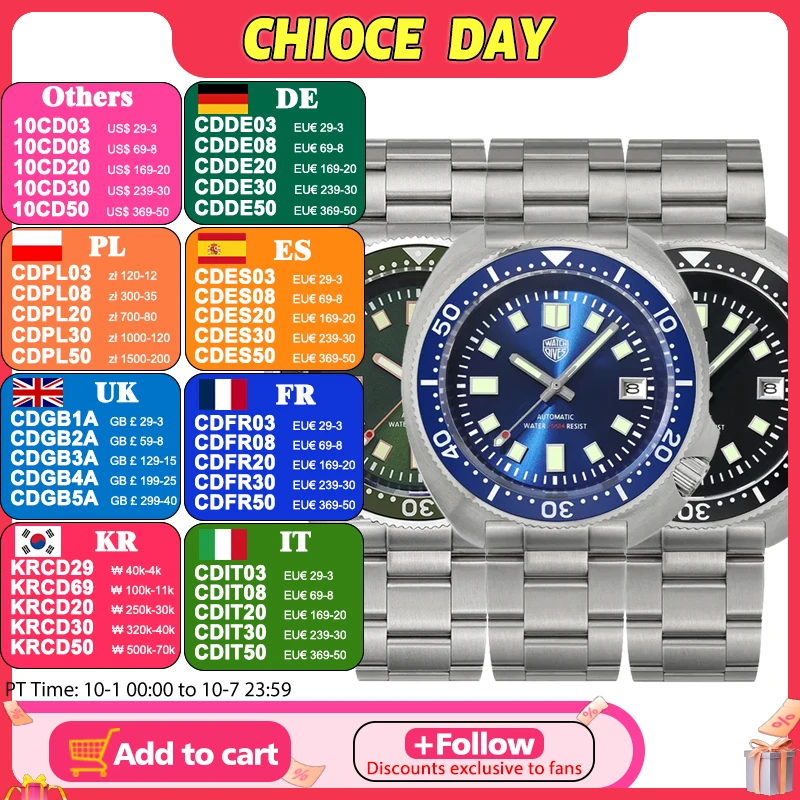 Watchdives New WD6105 NH35 Movement Watch 300M Waterproof Wristwatch Sapphire Crystal C3 Green Luminous Stainless Steel Watches