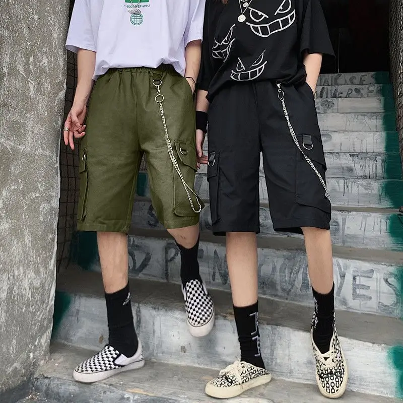 Unisex Y2K Chain Knee Length Shorts Men Male Summer Chic Cargo Capris Pockets Loser Shorts Harajuku Hipster Loose Baggy Shorts