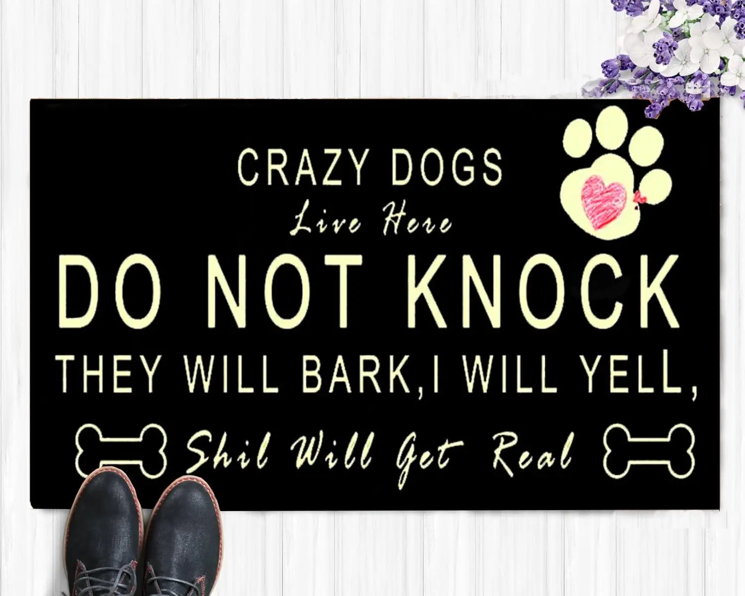 

Crazy Dogs Live Here Doormat Black Background Humorous Warning with Paw and Bone