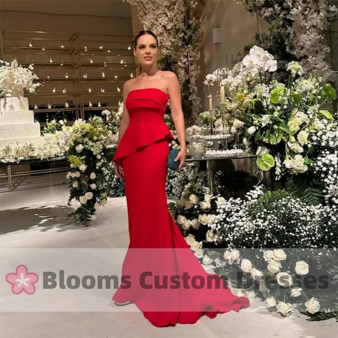 

Blooms Red Strapless Crepe Simple Evening Dresses Ruffles Ruched Party Gowns Mermaid Wedding Guest Gown Birthday