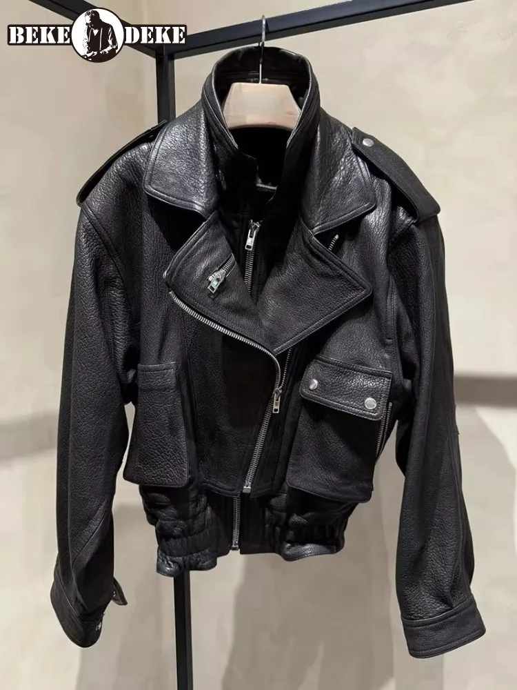 Punk Frauen Vintage Echtem Leder Jacke Revers Streetwear Motorrad Kurzen Mantel Lose Fit Hohe Qualität Echt Schaffell Oberbekleidung