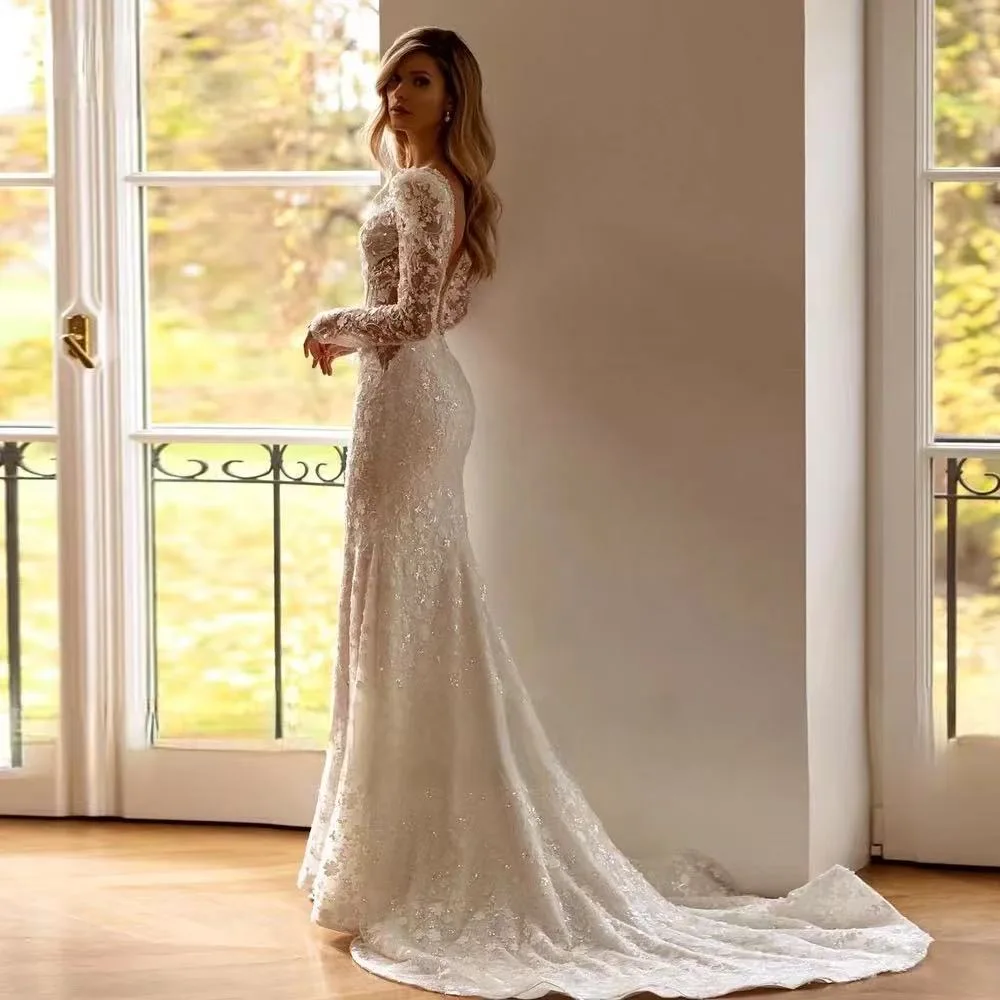 

Customized Sexy Mermaid Wedding Dresses V-Neck Long Sleeve Bridal Gown Embroidery Detachable Train Vestido De Novia