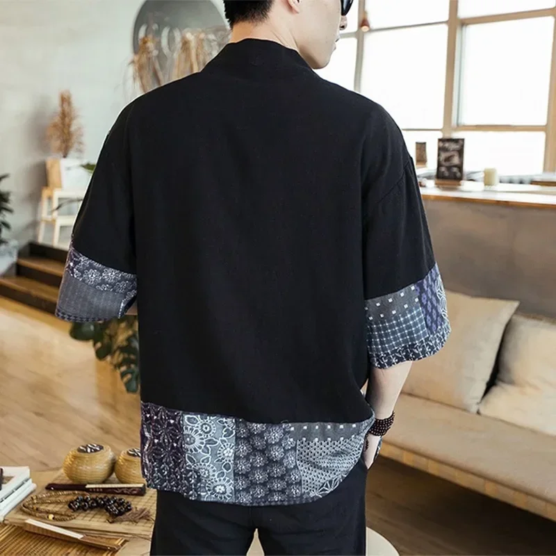 2023 Summer Men\'s Kimono Jackets Cardigan Mens Lightweight Casual Cotton Blends Linen Seven Sleeves Open Front Coat Outwear