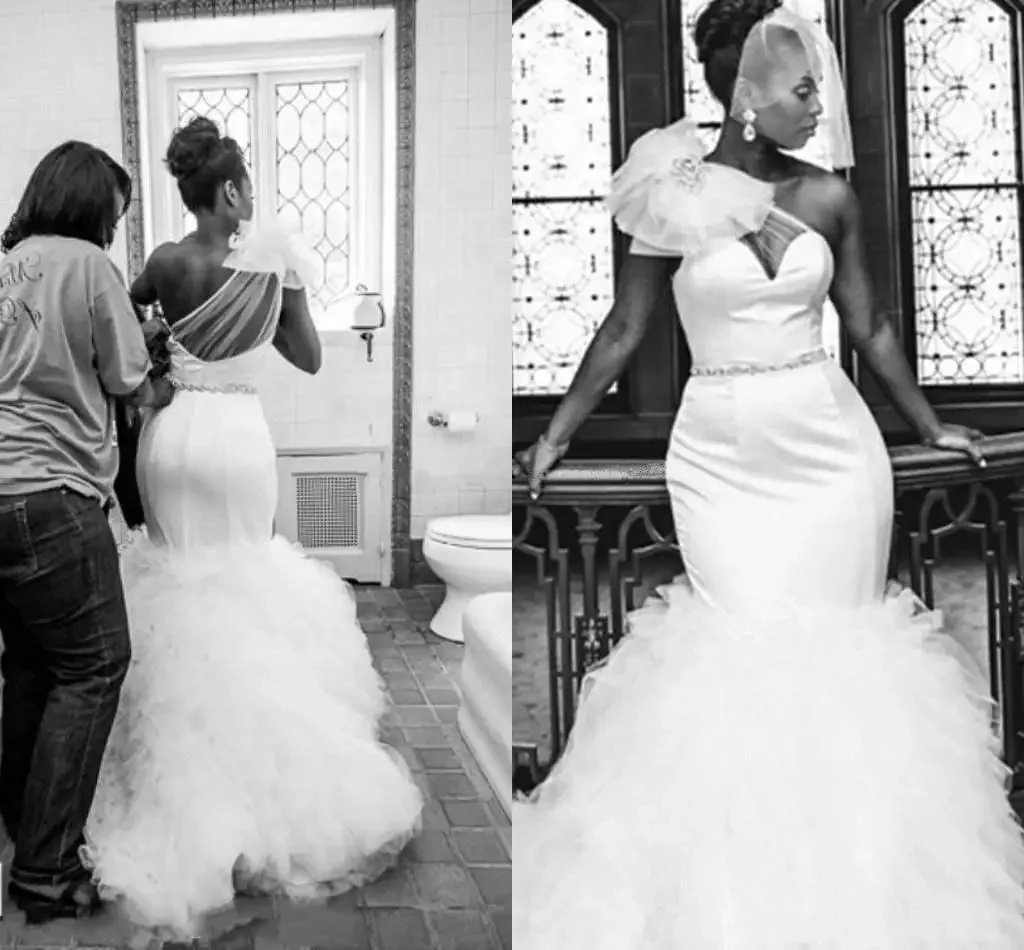 

Customized Africa One Shoulder Mermaid Wedding Dresses Puffy Tutu Court Train Bow Satin Long Formal Bridal Gowns Plus Size