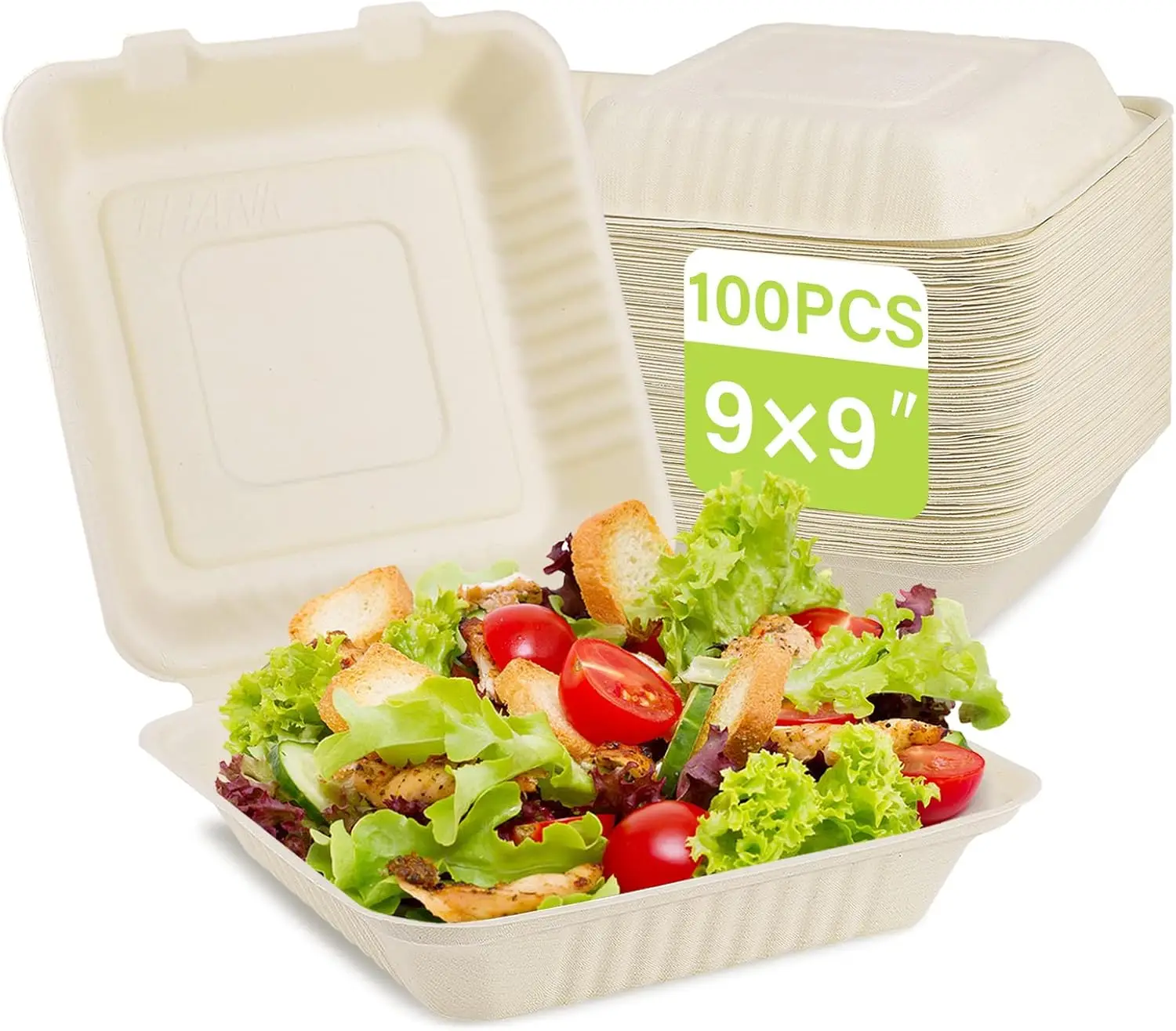 

Eco-Friendly Compostable Food Containers, 9x9 Clamshell Take Out Boxes, 100 Pack, Biodegradable Sugarcane Fiber