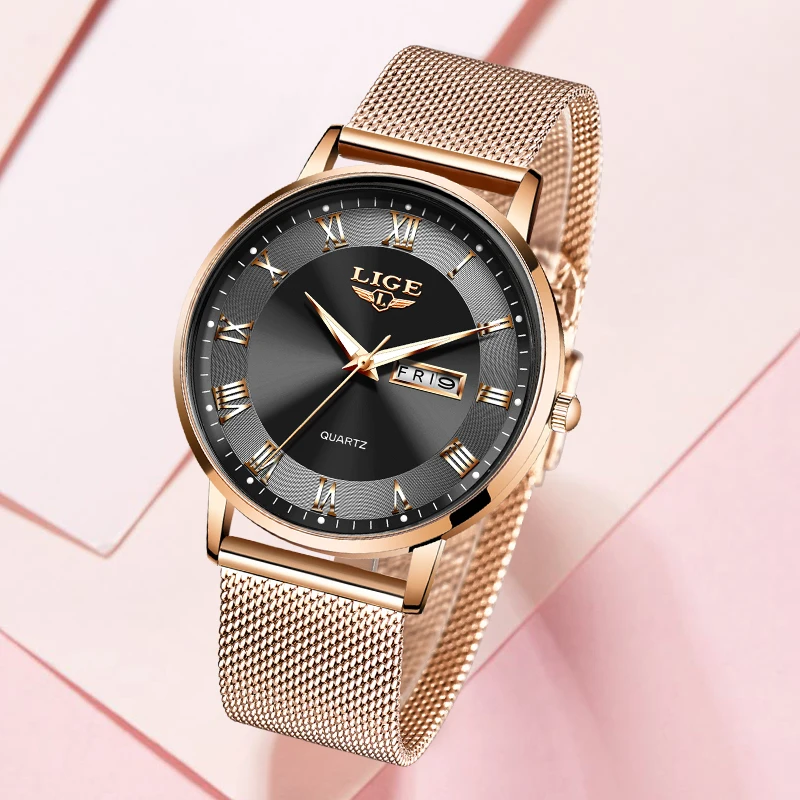 LIGE Frauen Uhr Armband Quarzuhr Bewegung Einfache Wasserdicht Rose Gold Edelstahl Mesh Damen Uhren Relogio Feminino