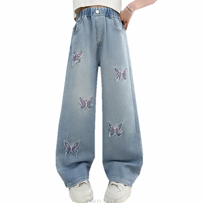 

Elegant Kids Girl Wide Leg Jeans with Butterflies Korean Children High Waist Loose Denim Pants For Teenage Casual Jeans Trousers