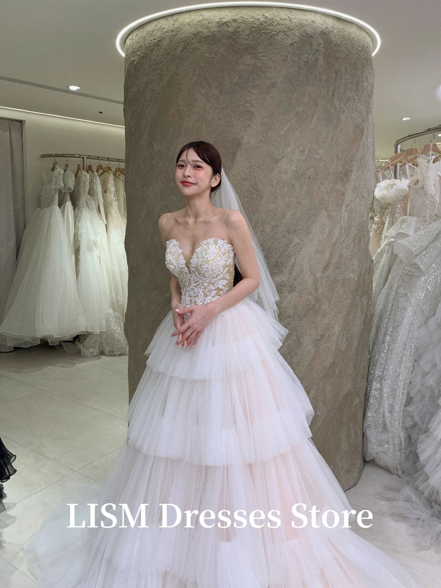 LISM Tiered A-Line Sweetheart Korea Wedding Dresses Photo Shoot Silk Tulle Lace Long Elegant Bridal Gowns Customized 웨딩드레스