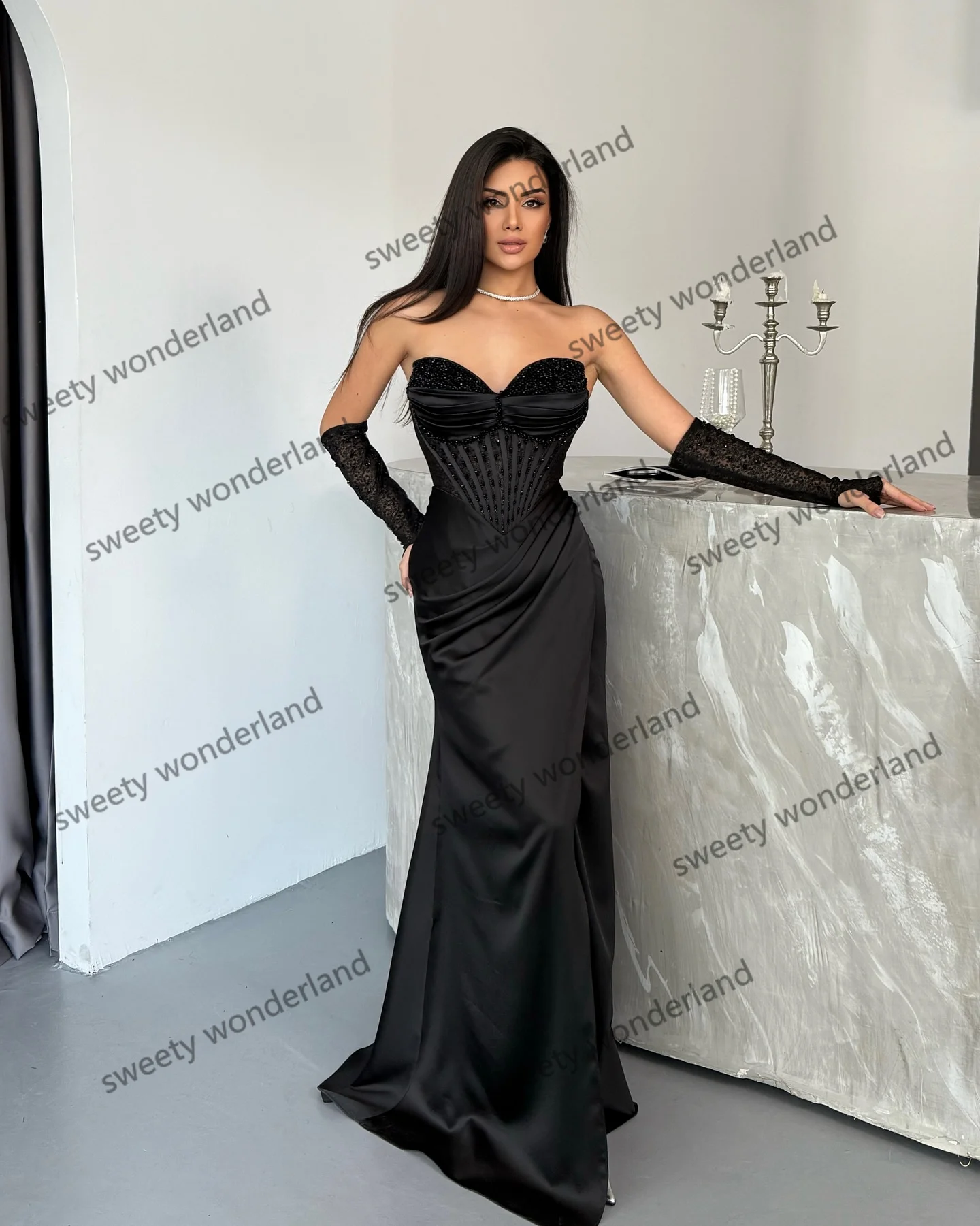 새틴 플리츠 이브닝 드레스 사이드 슬릿 스팽글 웨딩 파티 드레스 맞춤형 탈부착 가능한 소매 우아한 코르셋 베스티도스