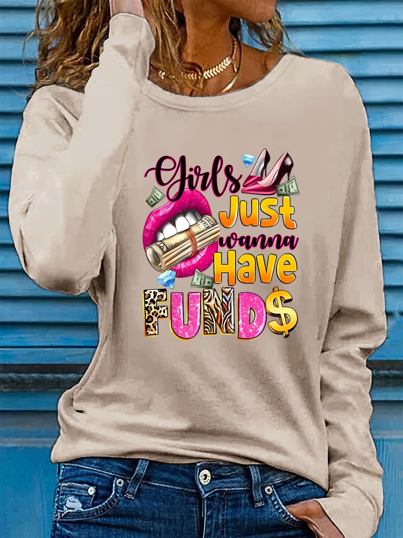 

100% pure cotton women's spring and autumn casual fashion long sleeved lip print letter graphic printed round neck T-shirt