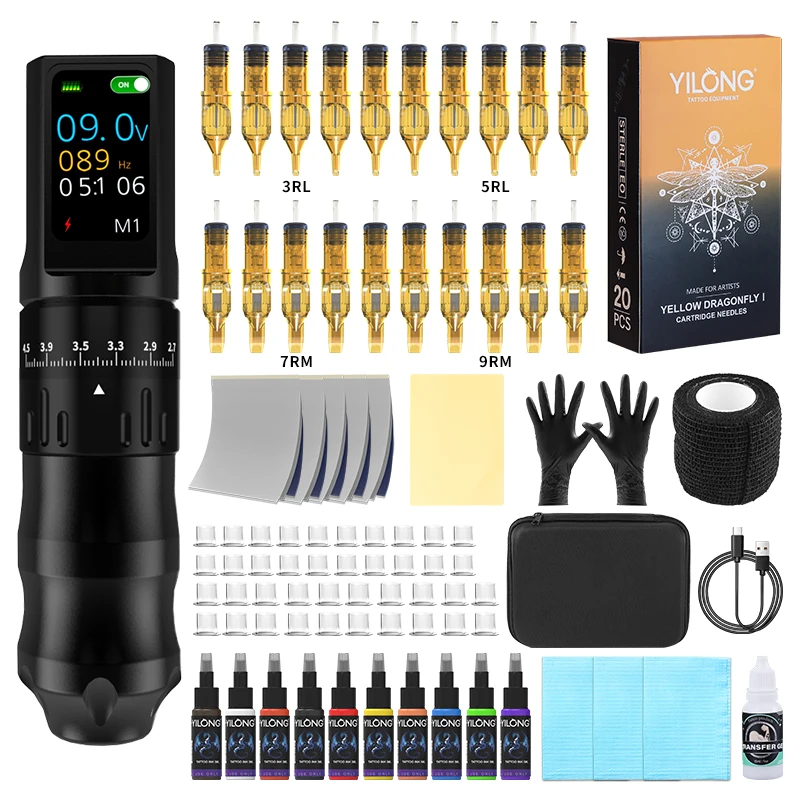 

YILONG 2.7-4.5mm Adjustable Stroke Tattoo Pen Set with 20pcs Tattoo Cartridge Needles Complete Tattoo Gun Kit for Tattoo Artist