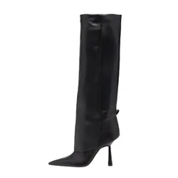 2024 Autumn Winter New Fashion Minimalist Knee Boots for Women Europe America Pointed Slip-on High Heels Big Size Shoes 43 44