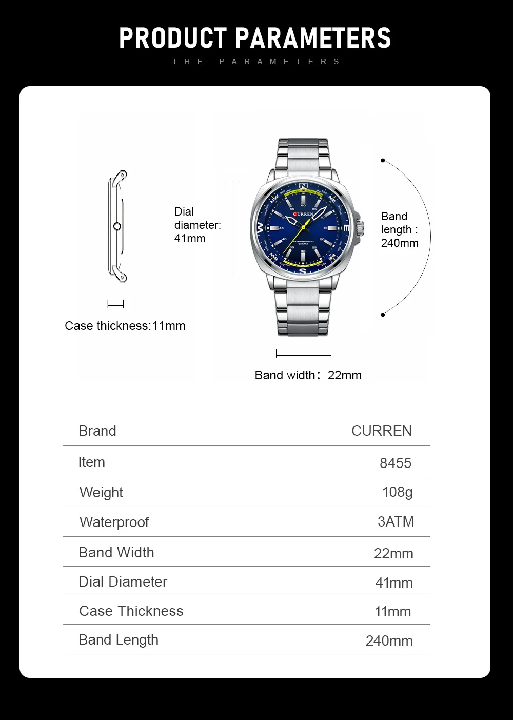 CURREN 8455 Herren Quarzuhr mit Großem Zifferblatt, Wasserdicht, Edelstahlarmband, Casual Business Elegante Uhren für Männer, Reloj Hombre – Detail 6