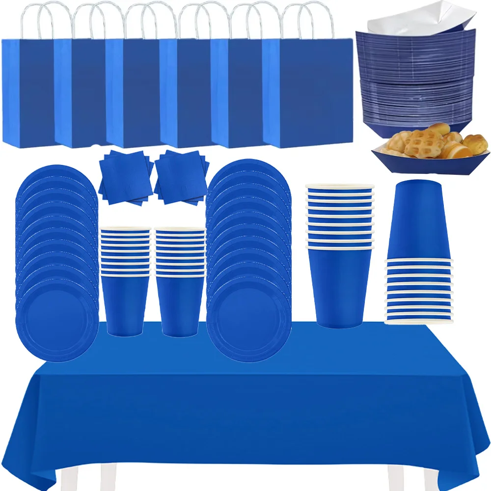 Vajilla desechable azul oscuro, plato de papel, taza, servilleta, bandeja de comida, cuchillo, tenedor, cuchara, mantel, fiesta de cumpleaños, Picnics, decoración de cubiertos