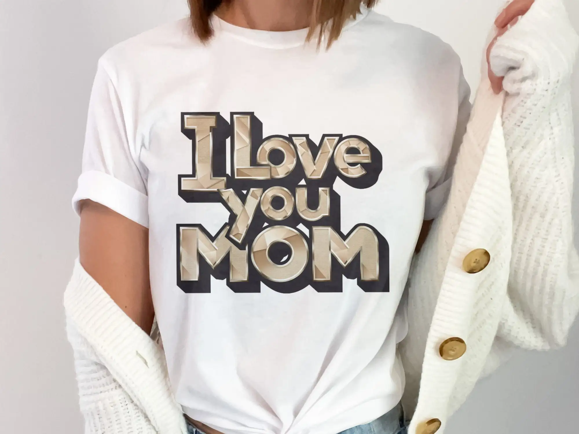 I Love You Mom T Shirt Elegant Gold Text Design Perfect Mothers Day Womens Fashion Top