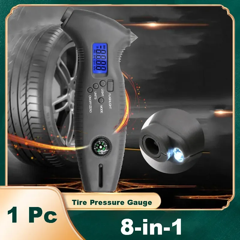 

8 in1 Black Digital Tread Depth Gauge Measuring Ruler Pressure Car Safety Measurer Tool Tire Monitor Electronic Backlight LED