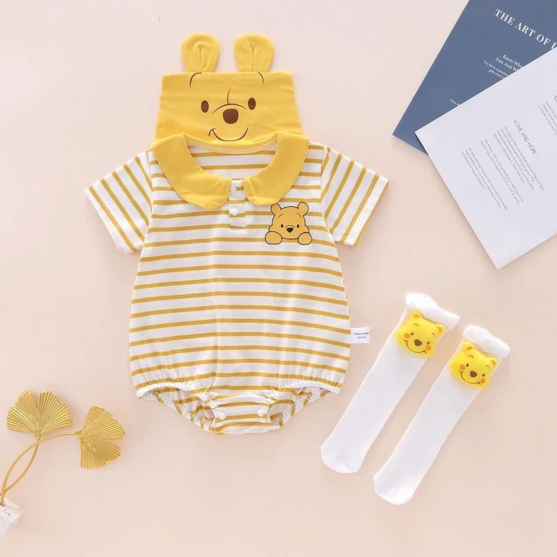 Girls Newborn Romper Socks 2pcs Clothes Set Baby Boys Cartoon Mickey Mouse Winnie The Pooh Cotton Jumpsuit Short Sleeve Bodysuit