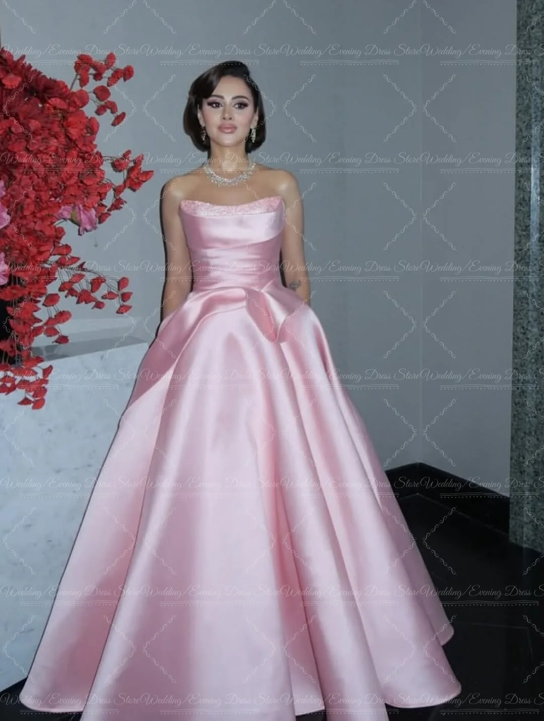 فستان سهرة للأميرة من Ranmo 2026 مخصص باللون الوردي بدون حمالات من الساتان مع مطرز على شكل حرف a للنساء لحفلات الزفاف الرسمية