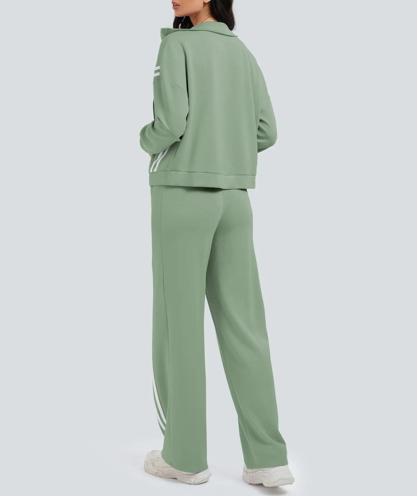 ملابس رياضية نسائية خريف شتاء مخطط موضة بناطيل فضفاضة غير رسمية بدلة بأكمام طويلة وسحاب سترة بنطلون طقم مكون من قطعتين