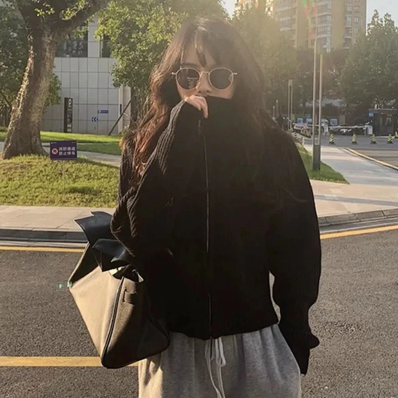 Solid Vintage ถักเสื้อสเวตเตอร์ถักผู้หญิงซิปหลวมสบายๆลมขี้เกียจฤดูใบไม้ร่วงฤดูหนาวเสื้อกันหนาวเกาหลีแขนยาวเสื้อใหม่