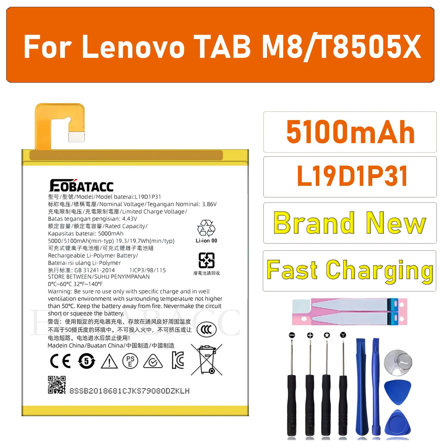 

New 100% Original High Quality L19D1P31 5100mAh Phone Replacement Battery For Lenovo Tab M8 TB-8705F/N/M TB-8505F/N/M Batteries