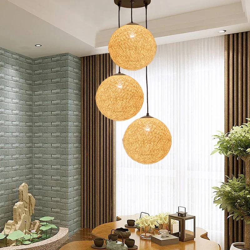 Rattan hemp ball restaurant modern minimalist casual mood chandelier clothing store bar bedroom lamp hemp rope chandelier