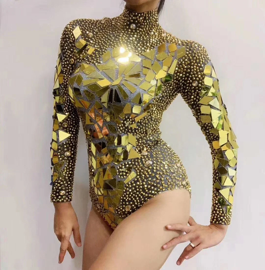 Long Sleeve Gold Mirror Reflective Sparkling Sequin Women Bodysuits Nightclub Singer Dancer Wear Stage Performance Costumes