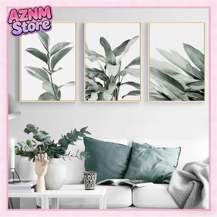 Grüne Eukalyptus-Wandkunst, Wanddrucke, Boho-Poster mit botanischen Palmen- und Agavenblättern, neutrale Leinwanddekoration für Schlafzimmer und Badezimmer