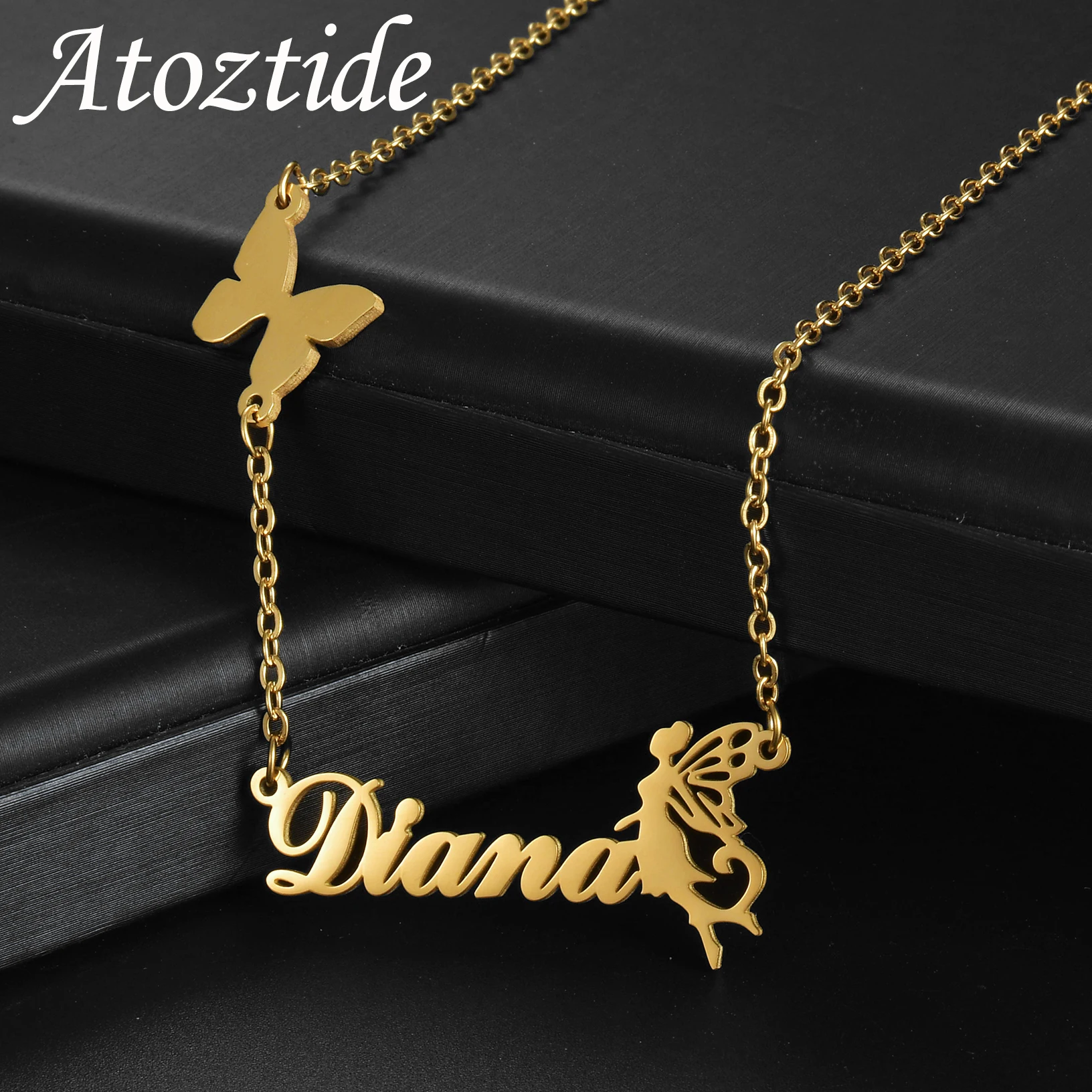 Atoztide Personalized Custom Names Necklace Stainless Steel Butterfly Chain Crown Heart Fairy Pendant for Women Jewelry Gift