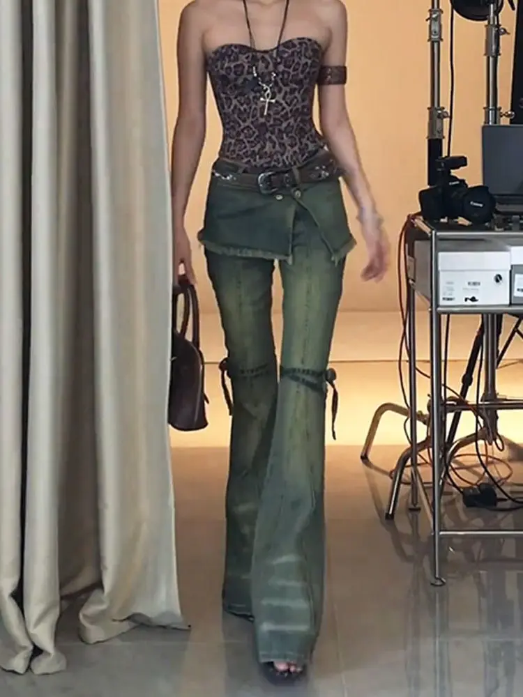 

Vintage Blue Fake Two Piece Baggy Cargo Jeans women Harajuku Y2k 90s Aesthetic High Waist Denim Trousers 2000s Oversize Pants