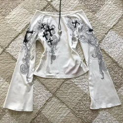 Long Sleeve Print T-Shirts Women Slash Neck White Tees Temperament Camisetas 2024 Ropa Mujer Vintage Sexy Y2k T-shirts Tops New