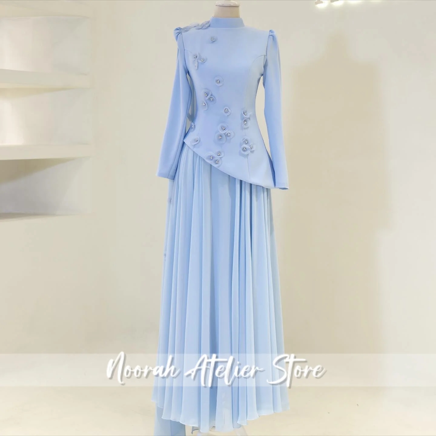 New 3D Flower Bead Elegant Muslim Women's Evening Dress 2025 Dubai Long Sleeves Celebrity Dress Crepe Gown Vestidos Customized