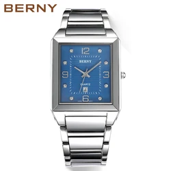 BERNY New Watches for Men Calendar Square Stainless Steel Quartz Wristwatch Sapphire Waterproof Dress Business Men‘s Watch