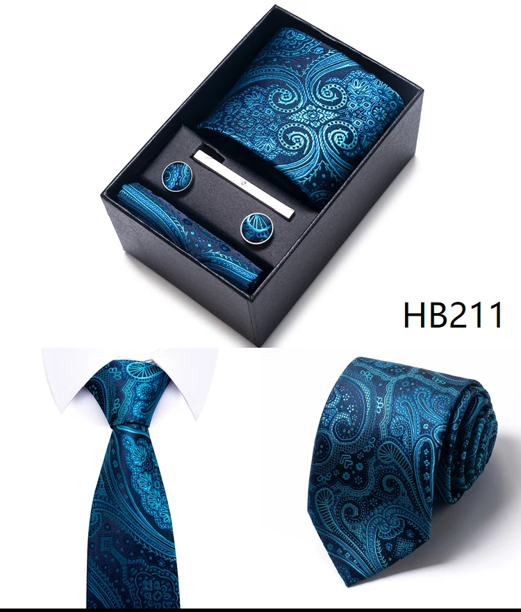 Krawatte Taschentuch Manschettenknopf Set für Männer Krawatte Urlaub Geschenkbox Blau Gold Anzug Zubehör Schlanke Hochzeit Gravatas – Detail 17