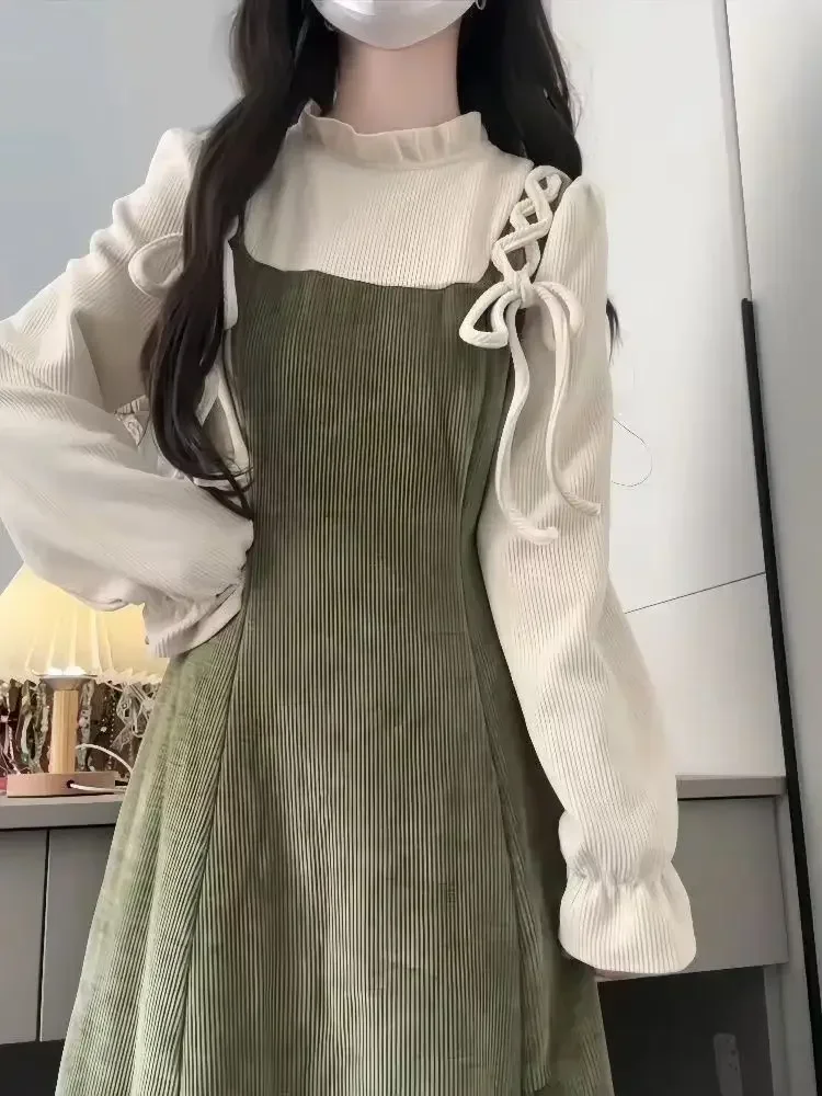 Feminino 2025 novo outono style coreano manga longa camisa قاعدة topos cintura cinching efeito fina alça de ombro vestidos partsices