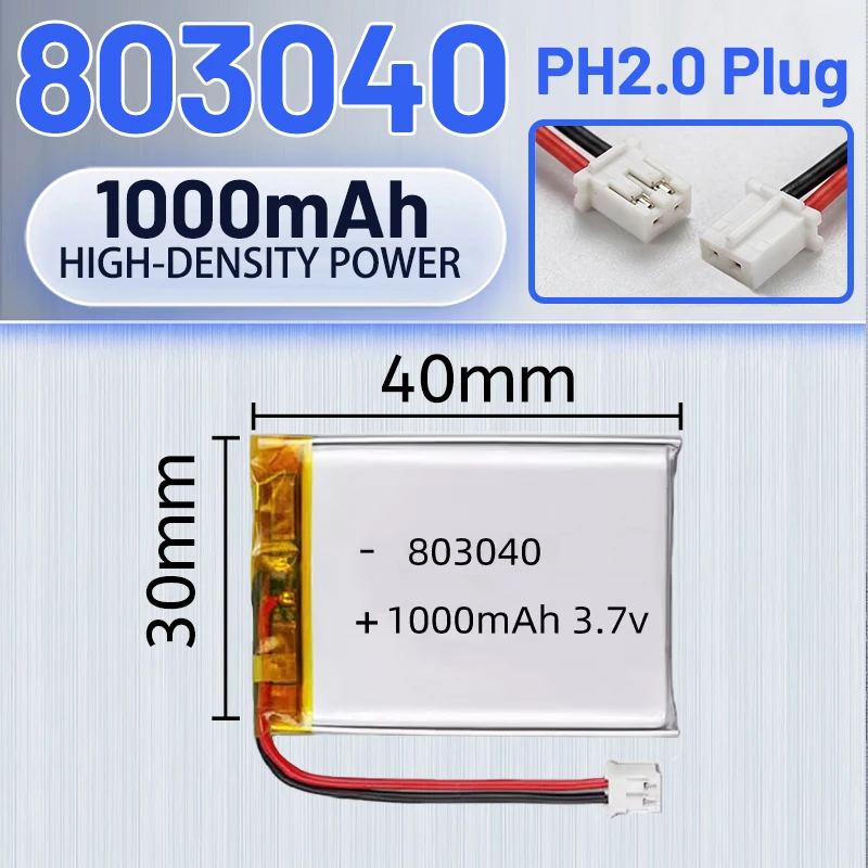 

803040 1000mAh 3.7V Rechargeable Li-Polymer Battery For Bluetooth Earphone GPS Camera Toy