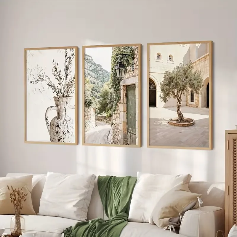 3 Piezas de Pósters de Lona Estilo Bohemio Beige con Ramas de Olivo y Calle de Aldea de Piedra, Decoraciones de Pared Rústicas