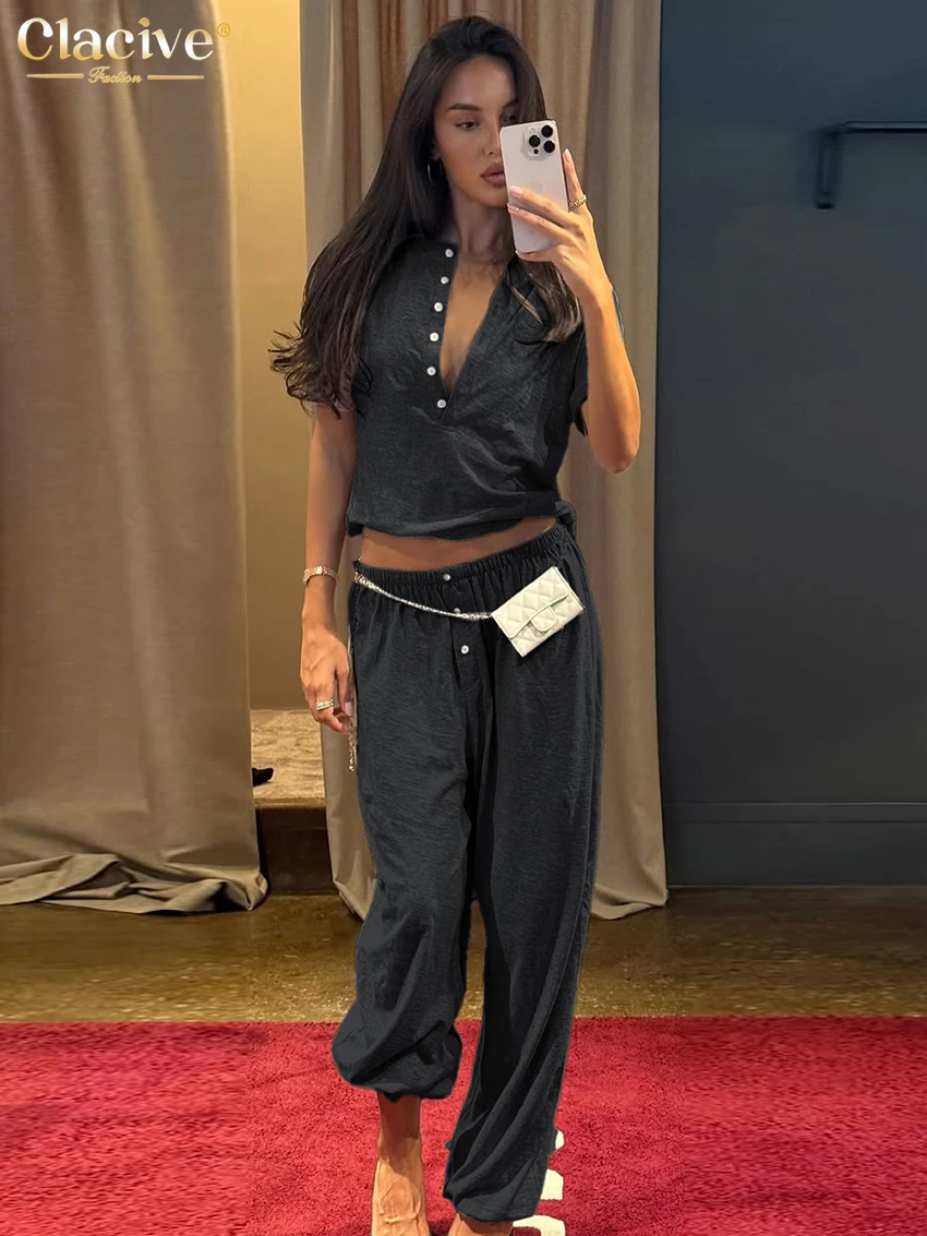 

Летний комплект Clacive из двух предметов: серая хлопковая рубашка с коротким рукавом и широкие брюки с высокой талией для женщин, мода 2026